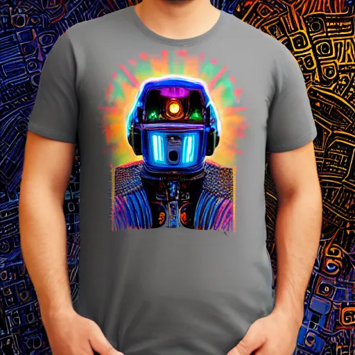 Image similar to mockup of a black tshirt with a hyperdetailed portrait of a steampunk robot by hajime sorayama, 8 k, symetrical, flourescent colors, happy trippy mood, multicolored,