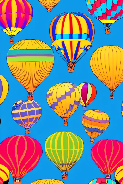 Image similar to seamless pattern of hot air balloons in beautiful sky, colourful, symmetrical, repeating 35mm photography, ultra fine detail, 4k high definition, bold