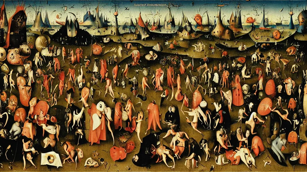 Image similar to a painting by “ hieronymus bosch ” of a closeup view of the cast of “ seinfeld ” being tormented and teased in “ the garden of earthly delights ” featuring kramer and george and newman and elaine and jerry. highly - detailed artwork.