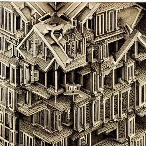 Image similar to impossible penrose house by M.C. Escher, painting with intricate details