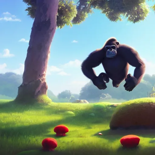 Prompt: a wholesome animation key shot of a gorilla holding a very small red mushroom, chilled out smirk on face, listening to music, jeep in background, studio ghibli, pixar and disney animation, sharp, rendered in unreal engine 5, anime key art by greg rutkowski, bloom, dramatic lighting