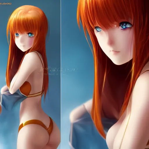 Image similar to picture : a beautiful young redhead anime girl, sky blue eyes, bikini, golden miniskirt, highly detailed, cinematic wallpaper by stanley artgerm lau