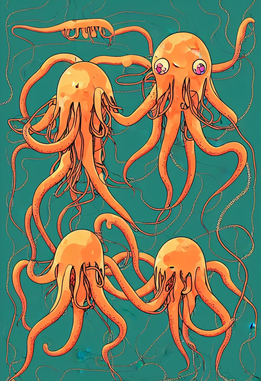 Image similar to concert poster for'grandpa finger ', dying robotic squid, symmetrical vector art, 8 k, highly detailed illustration