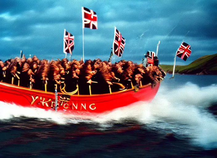 Image similar to photo of beautiful angry viking women in speed boats invading scottland, hyperrealism, fujifilm velvia 5 0