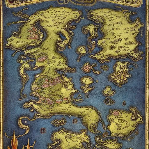 Prompt: fantasy map of an ancient land of Odrua in the Fantasy world of Lute, showing continents archipelagos cities mountains deserts rivers coastlines kingdoms, a central musical land, vast oceans with kraken by JRR Tolkien by Brian Froud