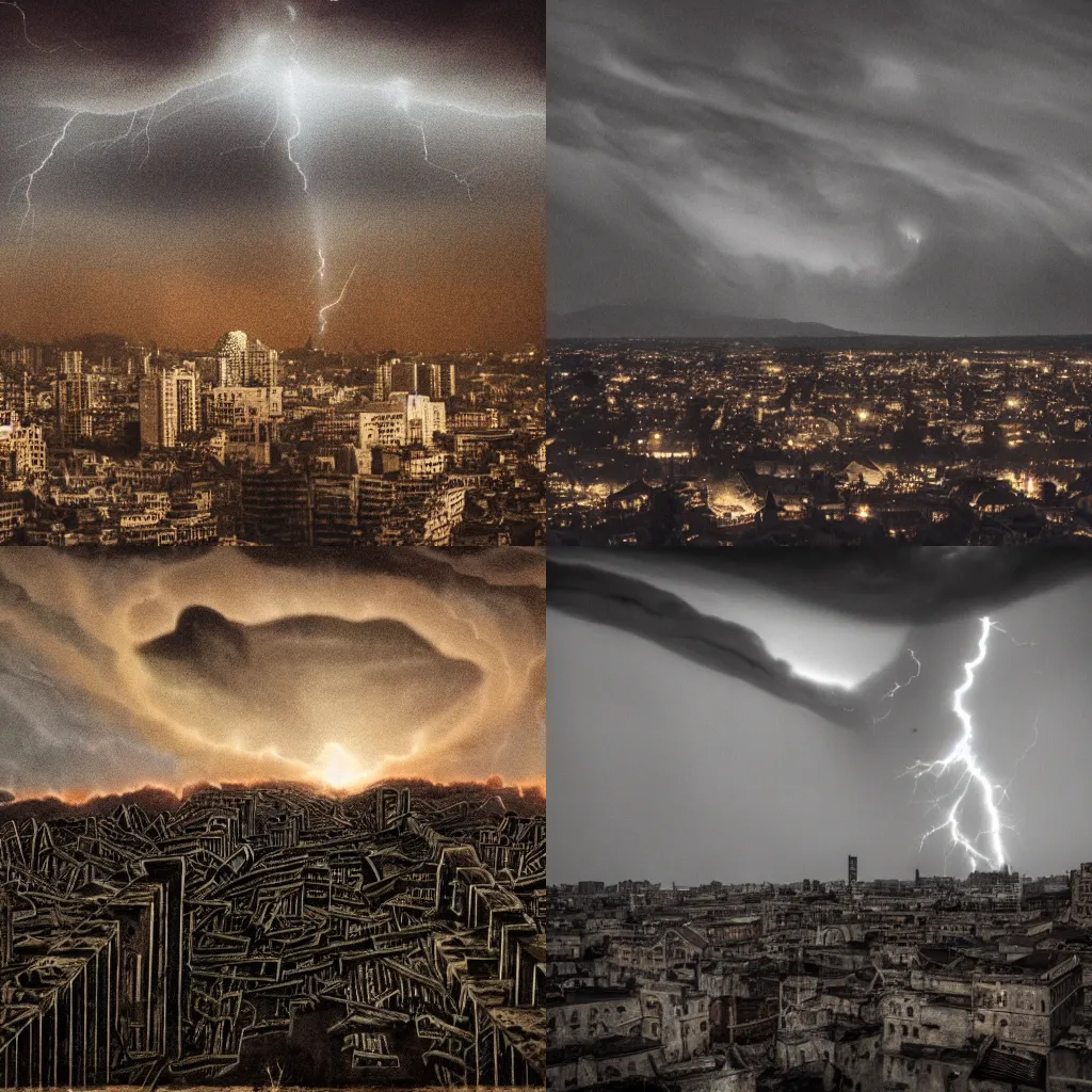 Prompt: ruined city, night, ash, apocalypse, black, brown, ray of light from the clouds