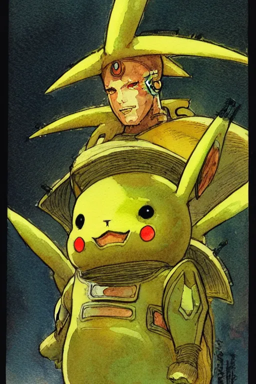 Prompt: a simple and atmospheric watercolour fantasy character concept art portrait of a mechanized android pikachu as a druidic warrior wizard looking at the camera with an intelligent gaze, very muted colors, by rebecca guay, michael kaluta, charles vess and jean moebius giraud