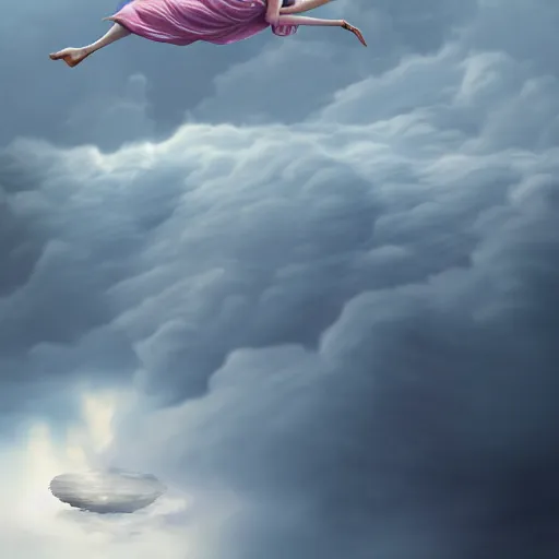 Image similar to a highly detailed digital rendering of an elegant futurstic woman floating above the clouds, by Andrea Chiampo, artstation, extremely detailed woman, stunning volumetric lighting, hyper realism, fantasy 4k,