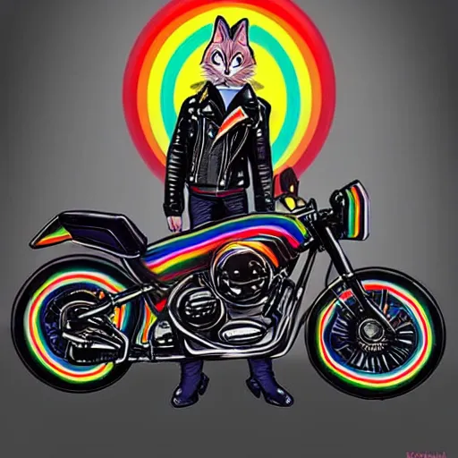 Image similar to wide angle full body, jacket wearing fluffy cute rainbow kitten wearing a black leather motorcycle jacket, cinematic concept art