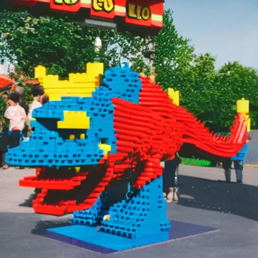 Prompt: photo of lego dragon at legoland, Kodak Ultra F9, 35mm