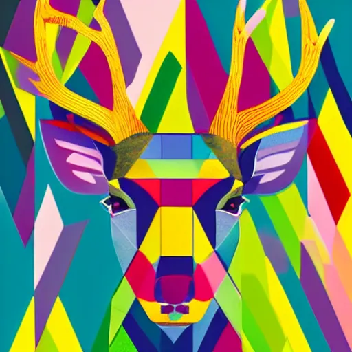 Prompt: A glorious stag in colorful triangles in the style of Bauhaus