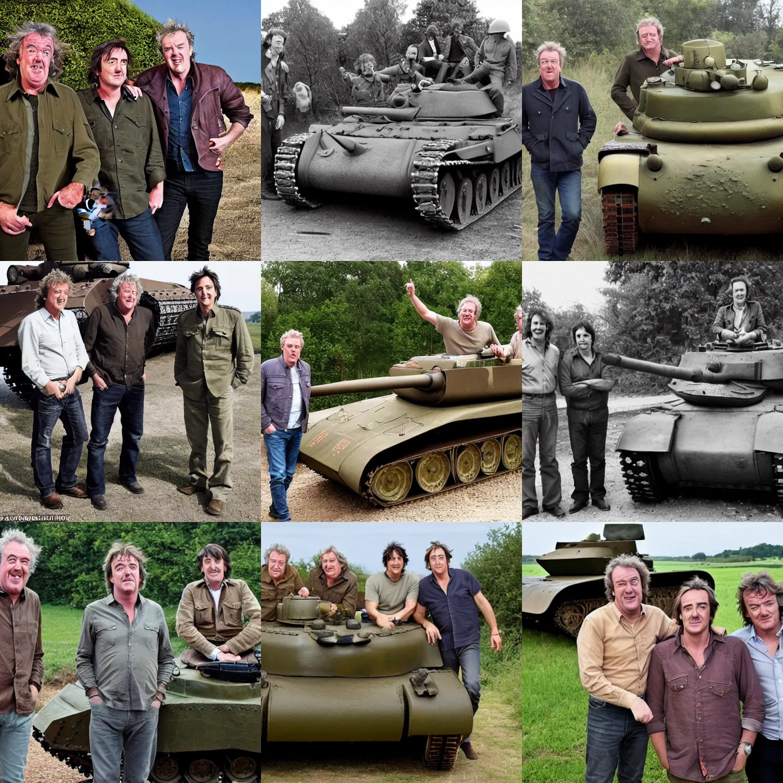 Prompt: Jeremy Clarkson, James May and Richard Hammond with A WW2 Tiger tank