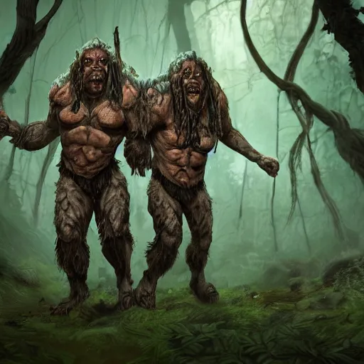 Image similar to a two - headed ettin from dnd in a dark forest, digital art, high quality render, artstation