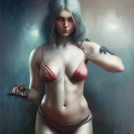 Prompt: painting of a very beautiful girl with muscles, by tom bagshaw, greg rutkowski, wlop