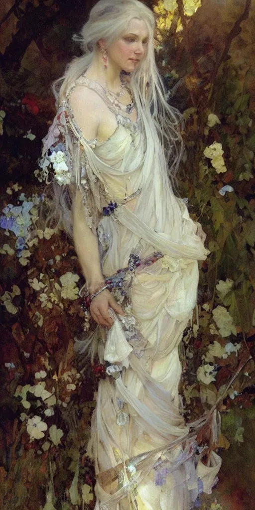 Image similar to a beautiful white haired woman, adorned with precious stones, by jeremy mann and alphonse mucha