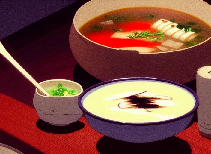 Prompt: a film still portrait of a bowl with miso soup, finely detailed features, closeup at the food, perfect art, at a dinner table, gapmoe yandere grimdark, trending on pixiv fanbox, painted by greg rutkowski makoto shinkai takashi takeuchi studio ghibli, akihiko yoshida