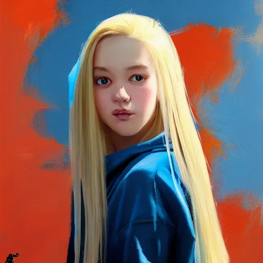 Prompt: greg manchess portrait of a beautiful teen girl with blonde hair, wearing a blue hoodie, medium shot, asymmetrical, swedish, sticker, profile picture, organic painting, matte painting, bold shapes, hard edges, street art, trending on artstation, by huang guangjian and gil elvgren and sachin teng and wlop and rossdraws and greg rutkowski