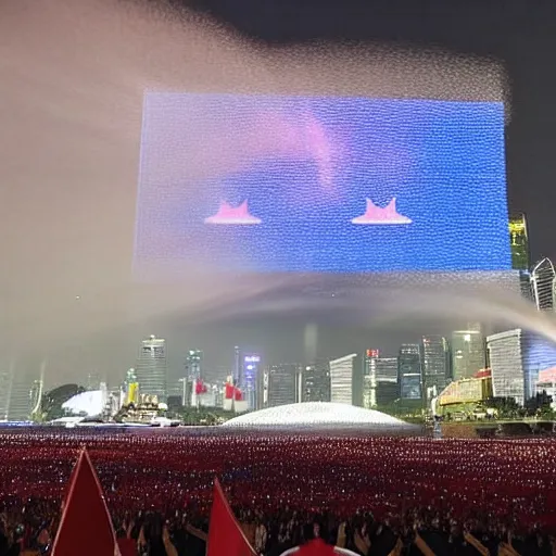 Prompt: singapore national day parade, giant hologram of lee kuan yew floating overhead