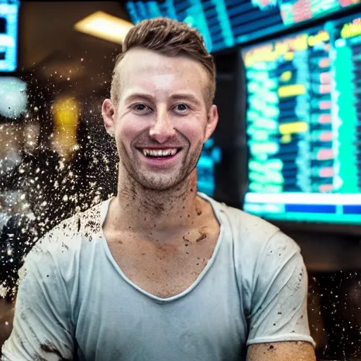 Prompt: high quality octane render of sam bankman fried with mud dripping out of his shorts whilst at the stock exchange - n 6