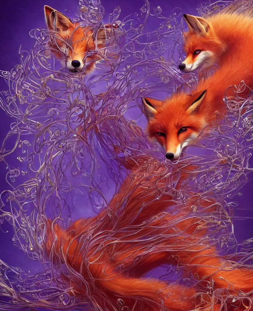 Prompt: close-up portrait of a beautiful fox in a twisted flowers orchid jellyfish mask surrounded by energy flow, epic angle and pose, symmetrical artwork, 3d with depth of field, blurred background, floating jellyfish skull phoenix bird, translucent, nautilus, energy flows of water and fire. a highly detailed epic cinematic concept art CG render. made in Maya, Blender and Photoshop, octane render, excellent composition, cinematic dystopian brutalist atmosphere, dynamic dramatic cinematic lighting, aesthetic, very inspirational, arthouse. y Greg Rutkowski, Ilya Kuvshinov, WLOP, Stanley Artgerm Lau, Ruan Jia and Fenghua Zhong