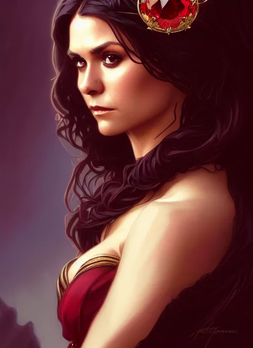 Image similar to portrait of nina dobrev as a sultry vampire queen, jewelry, greek, ruby, intricate, headshot, highly detailed, digital painting, artstation, concept art, sharp focus, cinematic lighting, illustration, art by artgerm and greg rutkowski, alphonse mucha, cgsociety