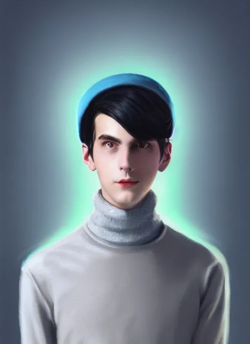 Image similar to portrait of teenage jughead jones, wearing a light grey crown, light grey crown, blue turtleneck, 1 9 5 0 s, intricate, elegant, glowing lights, highly detailed, digital painting, artstation, concept art, smooth, sharp focus, illustration, art by wlop, mars ravelo and greg rutkowski