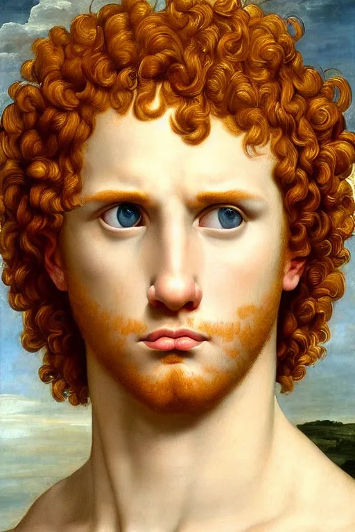 Image similar to renaissance painting of beautiful redhead man, curly hair, pleading face, tears dripping from the eyes, emotions closeup, dressed in roman armour, ultra detailed, made in bronze, art by Guido Reni style, Vincenzo Catena style