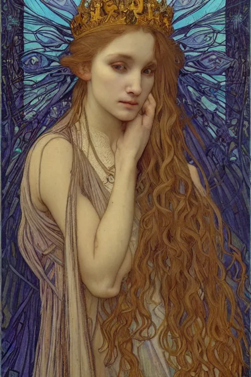 Image similar to detailed realistic beautiful young medieval queen face portrait by jean delville, alphonse mucha, vincent van gogh, and marco mazzoni, art nouveau, symbolist, visionary, gothic, pre - raphaelite