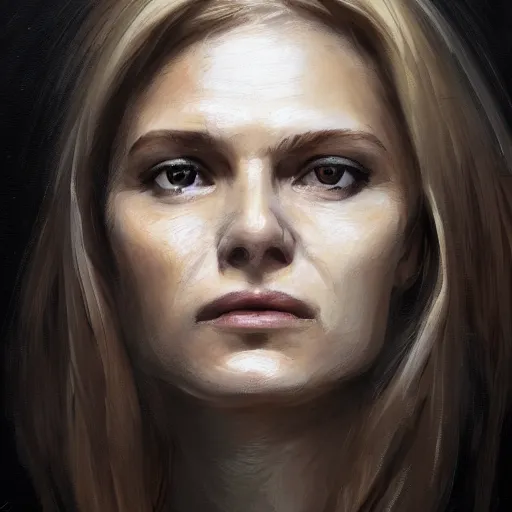 Prompt: Portrait of a woman by Greg Rutkowski, she is about 40 years old, pretty, blond hair with two strans around her face, slavic features, melancholic gaze, pretty aquiline nose, stressed but loving and affectionate mother vibes, she is wearing a black and white utilitarian jumpsuit, highly detailed portrait, digital painting, artstation, concept art, smooth, sharp foccus ilustration, Artstation HQ.