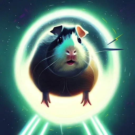 Image similar to cute anthropomorphic guinea pig full as an jedi in a spaceship, body portrait, divine lightning, by greg rutkowski, by charlie bowater