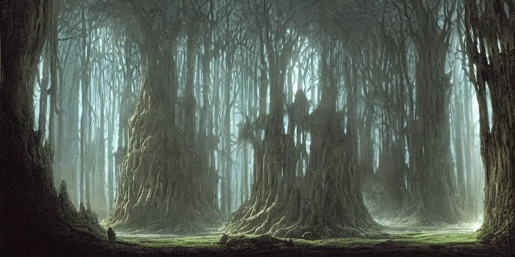 Prompt: artwork by john howe of a forest of abyss elders