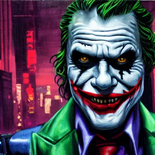 Image similar to oil painting of the joker in cyberpunk gotham city. the joker has a smirk on his face with a grenade in his hand