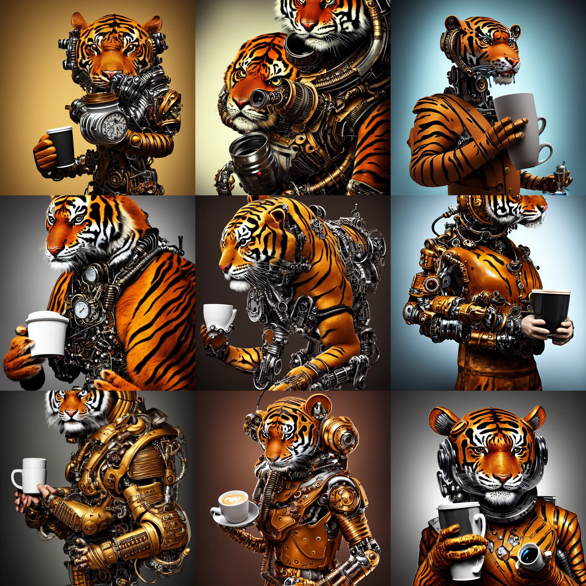 Prompt: a stunning intricate fine art portrait photo of a steampunk cyborg tiger holding a cup of coffee, in the style of pixar, perfection!, perfect face and eyes, studio lighting, 8 5 mm lens, very detailed, bionic, cybernetic scifi, deep depth of field, artstation, 8 k, highly coherent