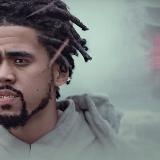 Prompt: cinematic film still J Cole starring as a Samurai holding fire, Japanese CGI, VFX, 2022, 40mm lens, shallow depth of field,film photography