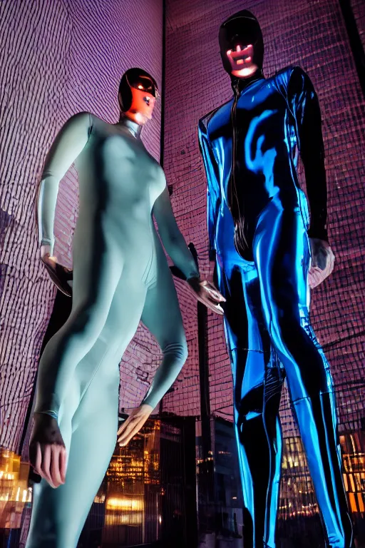 Prompt: close-up, low angle blue hour, twilight, cool, portrait Kodachrome, ISO1200, two cyberpunk model men with black eyes and visible faces wearing latex catsuit and lots of transparent and cellophane accessories