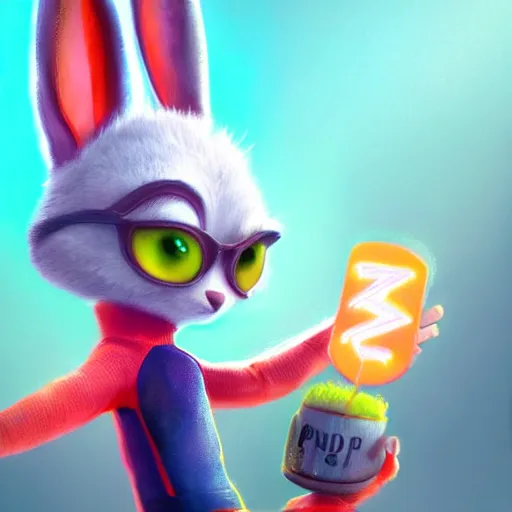 Image similar to super cute cyberpunk bunny, a carrot, pixar, zootopia, cgi, blade runner. trending on artstation