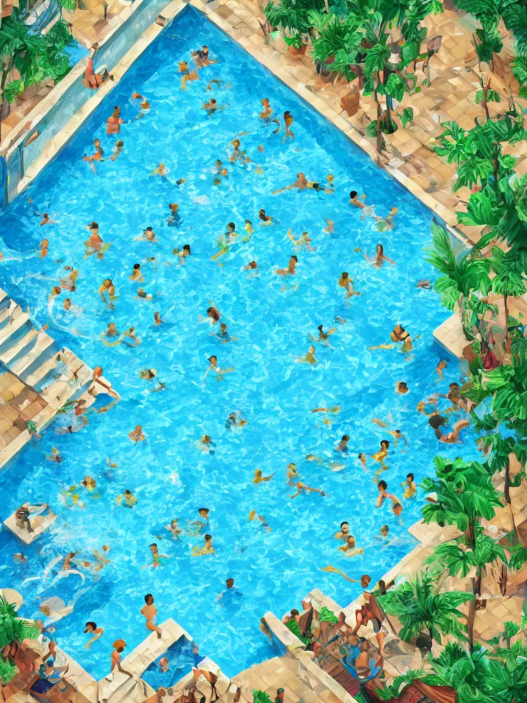 Prompt: tiled pool with people swimming, overhead, by disney concept artists, blunt borders, rule of thirds