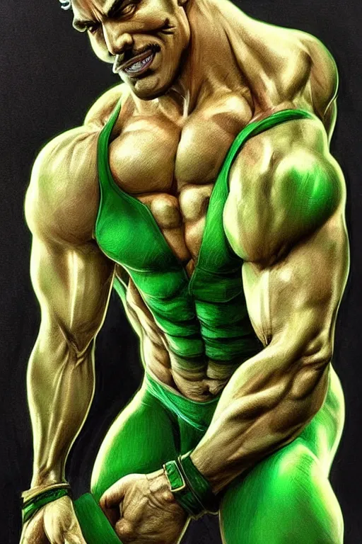 Image similar to muscular luigi wearing a green jumpsuit by ilya kuvshinov, bodybuilder ernest khalimov, super mario bros symmetrical face concept art, hyper realistic, intricate, elegent, highly detailed, digital painting, concept art, smooth, sharp, focus, illustration, art by artgerm and greg rutkowski and alphonse mucha, artstation