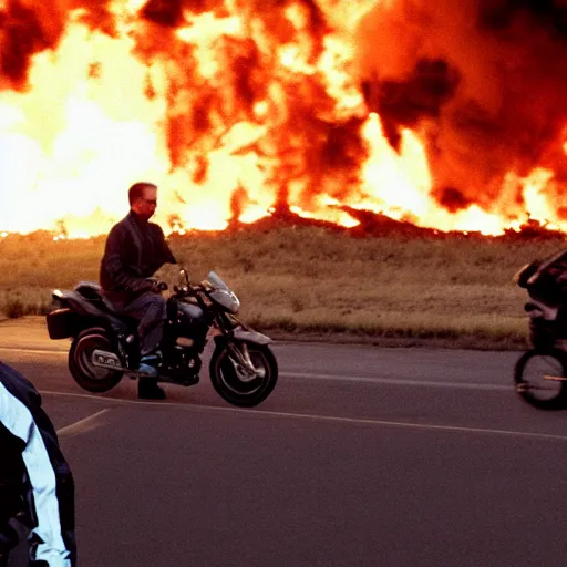 Image similar to photo of walter white and jesse pinkman riding motorcycles with an exploding building on fire behind them, color, cinematic lighting, highly detailed