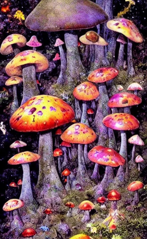 Prompt: enchanted cosmic forest mushrooms on the ground small fairies stars in the sky butterflies rainbows psychedelic wide angle by frank frazetta