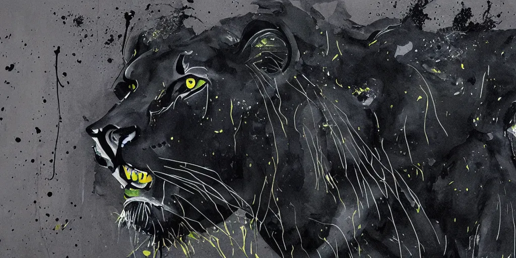 Image similar to the smooth black lioness, made of smooth black goo, in the zoo exhibit, viscous, sticky, full of black goo, covered with black goo, splattered black goo, dripping black goo, dripping goo, splattered goo, sticky black goo. concept art, painting, reflections, black goo, zoo, exhibit