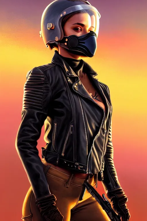 Image similar to a ultradetailed beautiful panting of post apocalyptic woman with motorbike in leather jacket with helmet in front of burning desert, anatomically correct, pretty face, high detailed face, by ilya kuvshinov, greg rutkowski and makoto shinkai, trending on artstation