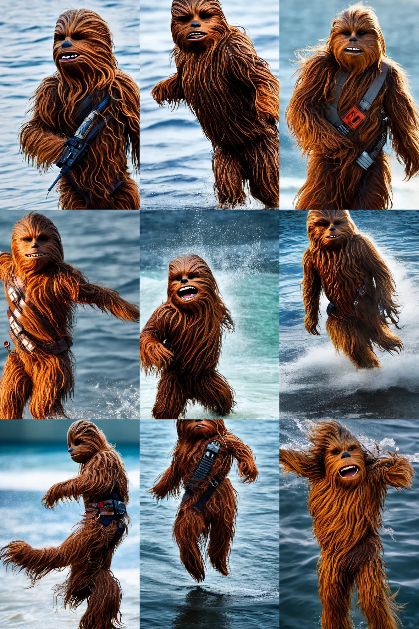 Prompt: photo of chewbacca completely drenched, shaking off the water, 4 k, high quality, high shutter speed