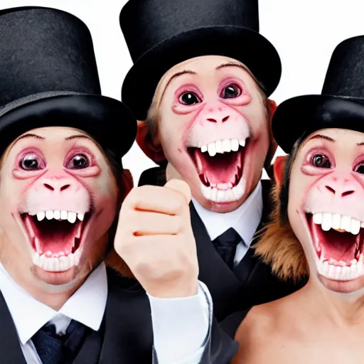 Image similar to 3 monkeys pointing their fingers at the camera. wearing top hats, laughing uncontrollably, hysterical laughter