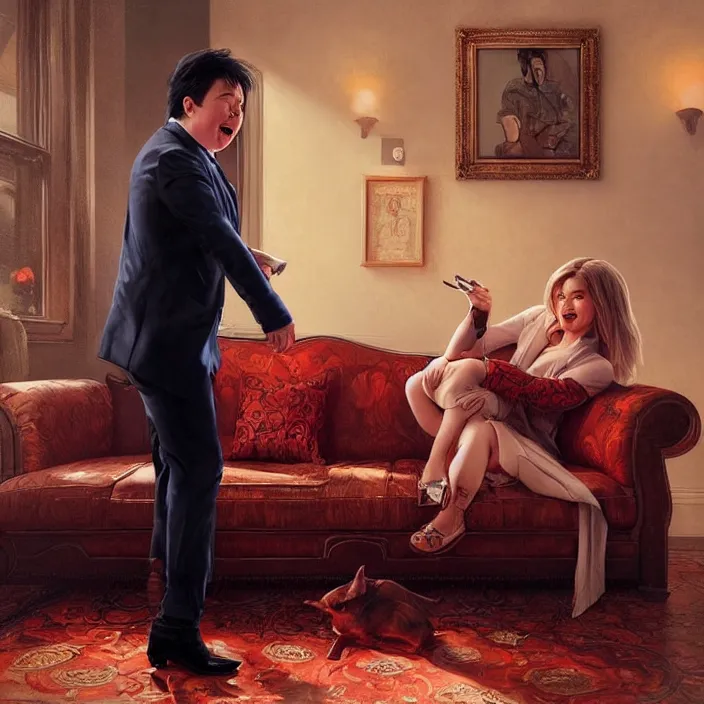 Image similar to portrait of michael mcintyre leaving on a sofa with a singing waitress, elegant, real life skin, intricate artwork, high detailed, artstation, concept art, smooth, sharpz focus, art by artgerm and greg rutkowski