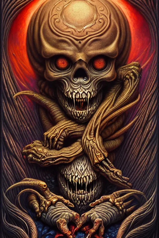 Image similar to A beautiful detailed grotesque monster super cute tarot card, by tomasz alen kopera and Justin Gerard, symmetrical features, ominous, magical realism, texture, intricate, ornate, royally decorated, skull, skeleton, whirling smoke, embers, red adornements, red torn fabric, radiant colors, fantasy, trending on artstation, volumetric lighting, micro details, 3d sculpture, ray tracing, 8k, anaglyph effect