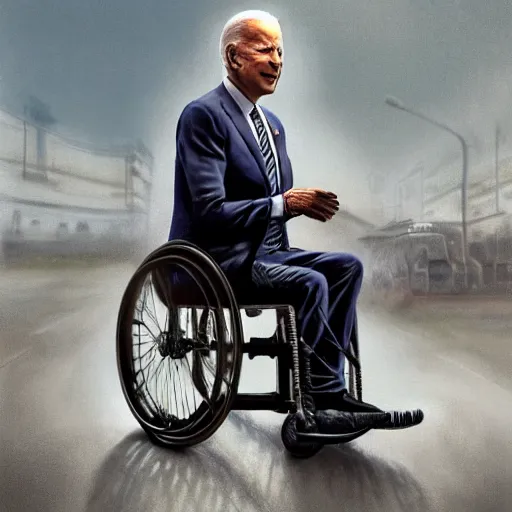 Image similar to hyperrealistic mixed media image of joe biden in a wheelchair wearing a bicycle!! helmet!!, stunning 3 d render inspired art by istvan sandorfi and greg rutkowski, perfect facial symmetry, realistic, highly detailed attributes and atmosphere, dim volumetric cinematic lighting, 8 k octane extremely hyper - detailed render, post - processing, masterpiece,