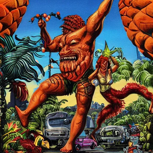 Image similar to A rampaging giant tropical tiki, stomping on cars and holding a screaming woman in his hand John Byrne layout, modern digital art finishing, high detail,