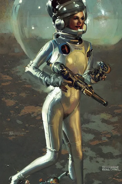 Prompt: pulp scifi fantasy illustration full body portrait of elegant woman wearing latex spacesuit shooting retro ray gun at alien, by norman rockwell, jack kirby, bergey, craig mullins, ruan jia, jeremy mann, tom lovell, 5 0 s, astounding stories, fantasy