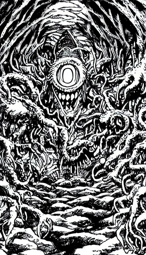 Prompt: a storm vortex made of many demonic eyes and teeth over a forest, by eiichiro oda